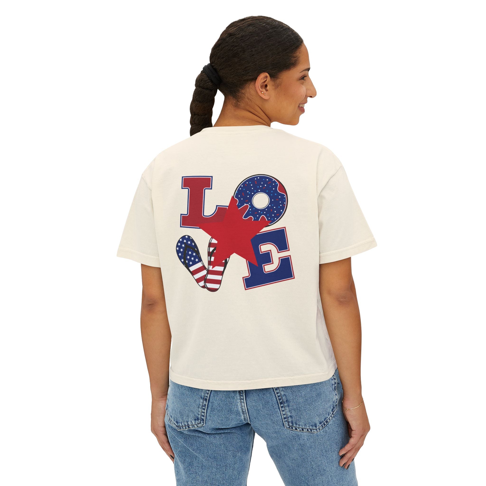 'Merica Peace Sign Boxy Tee — Patriotic 4th of July Women's Crop T-Shirt
