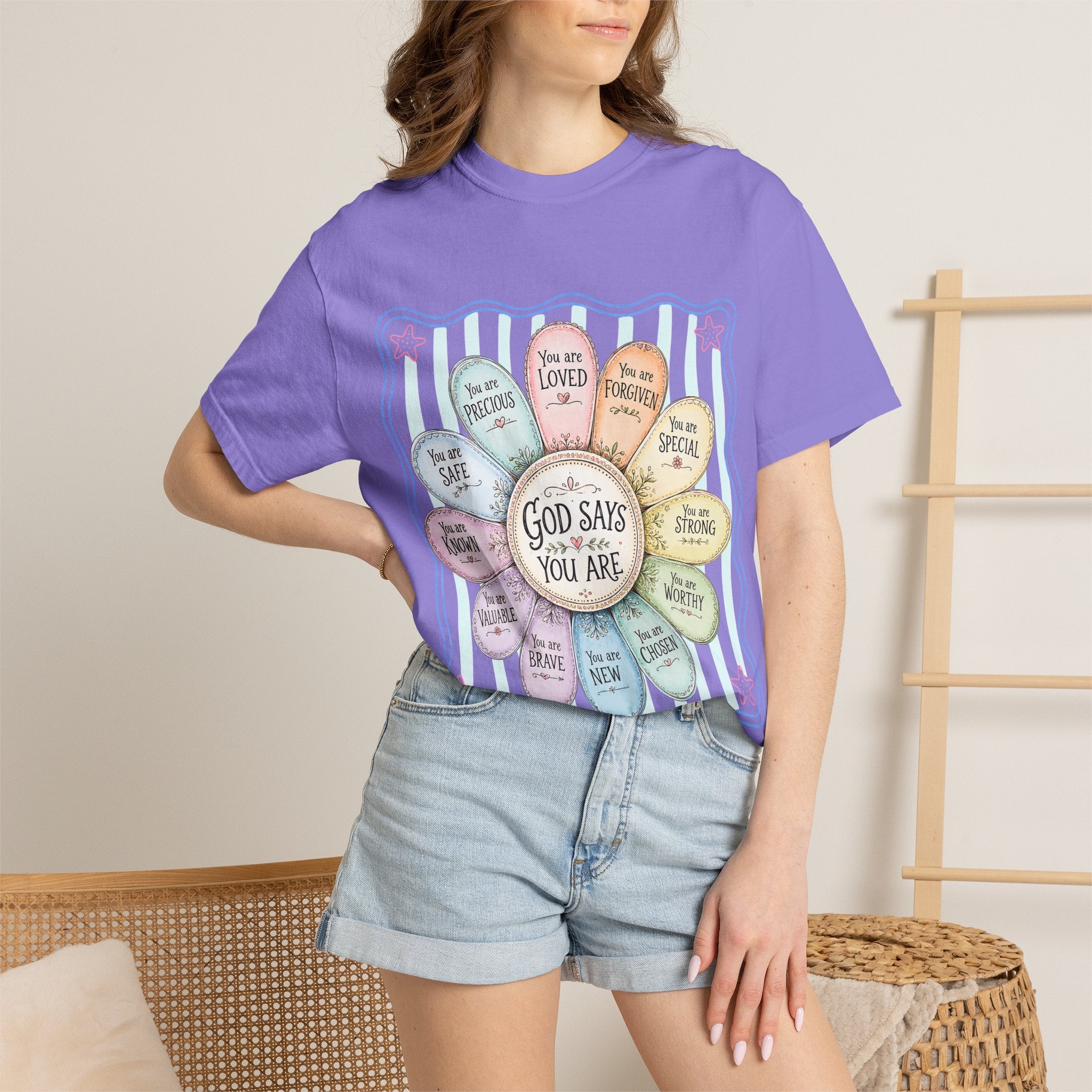 Faith Affirmation T-Shirt — "God Says You Are" Pastel Floral Design
