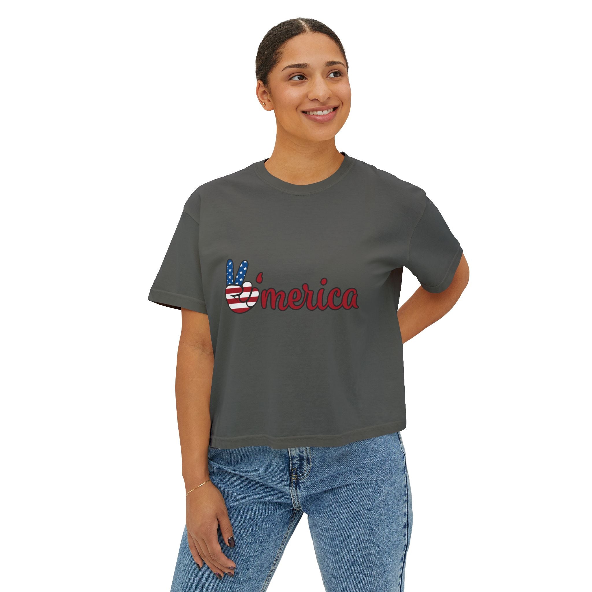 'Merica Peace Sign Boxy Tee — Patriotic 4th of July Women's Crop T-Shirt