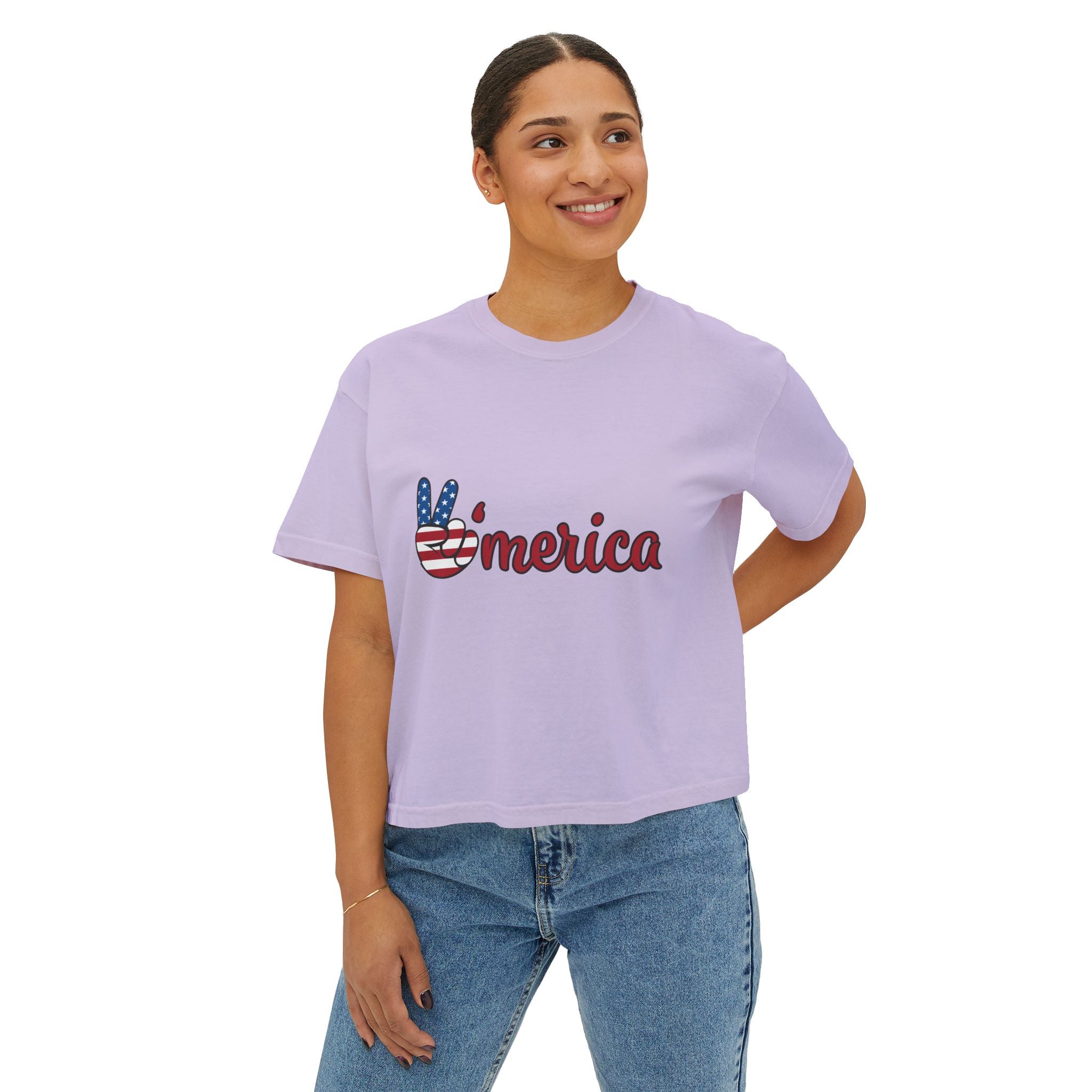 'Merica Peace Sign Boxy Tee — Patriotic 4th of July Women's Crop T-Shirt