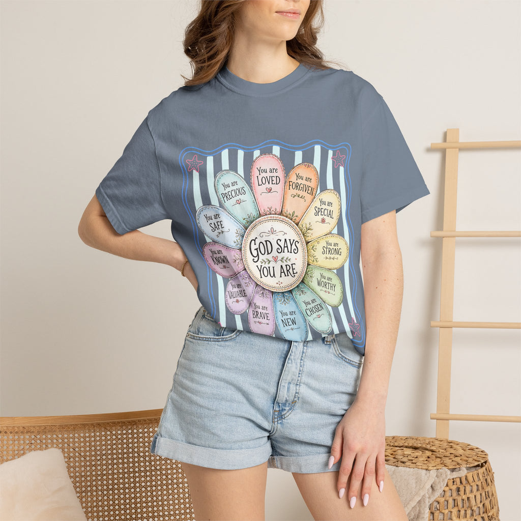 Faith Affirmation T-Shirt — "God Says You Are" Pastel Floral Design