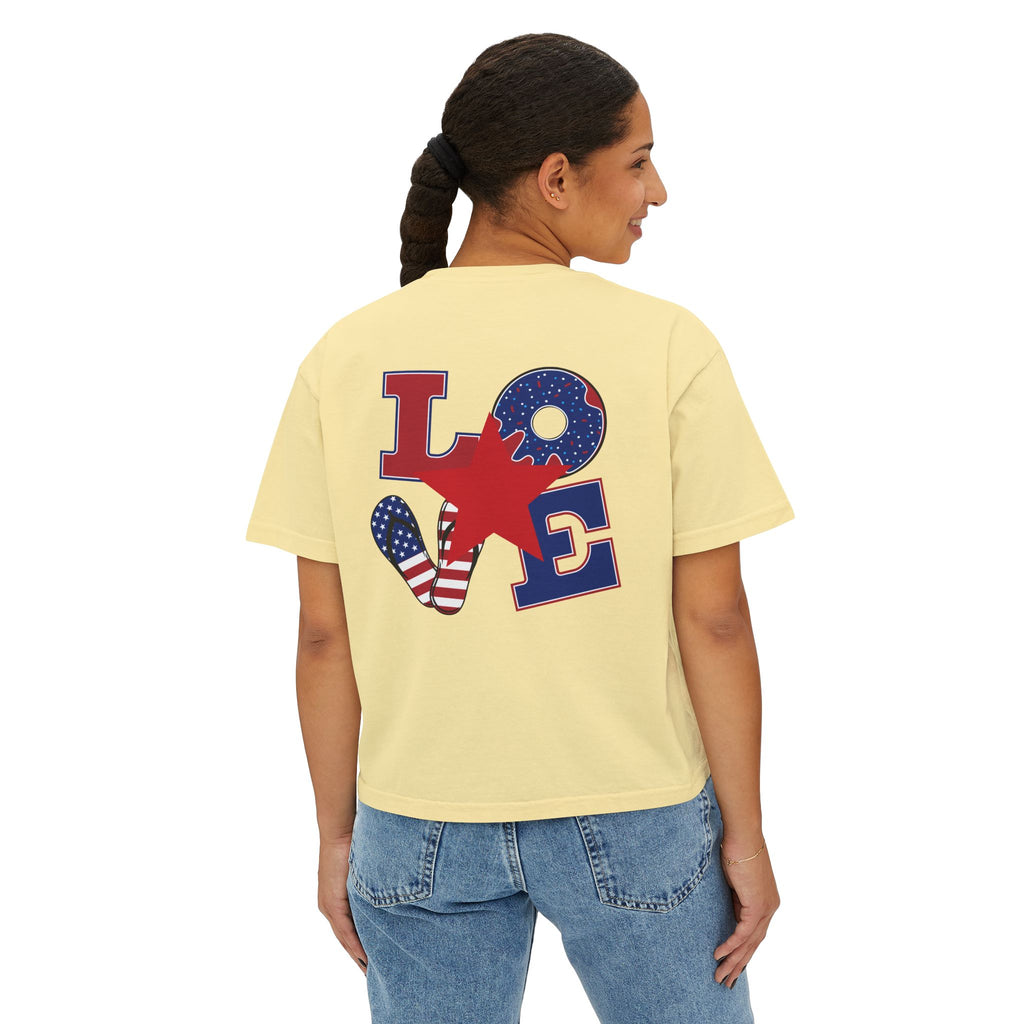 'Merica Peace Sign Boxy Tee — Patriotic 4th of July Women's Crop T-Shirt