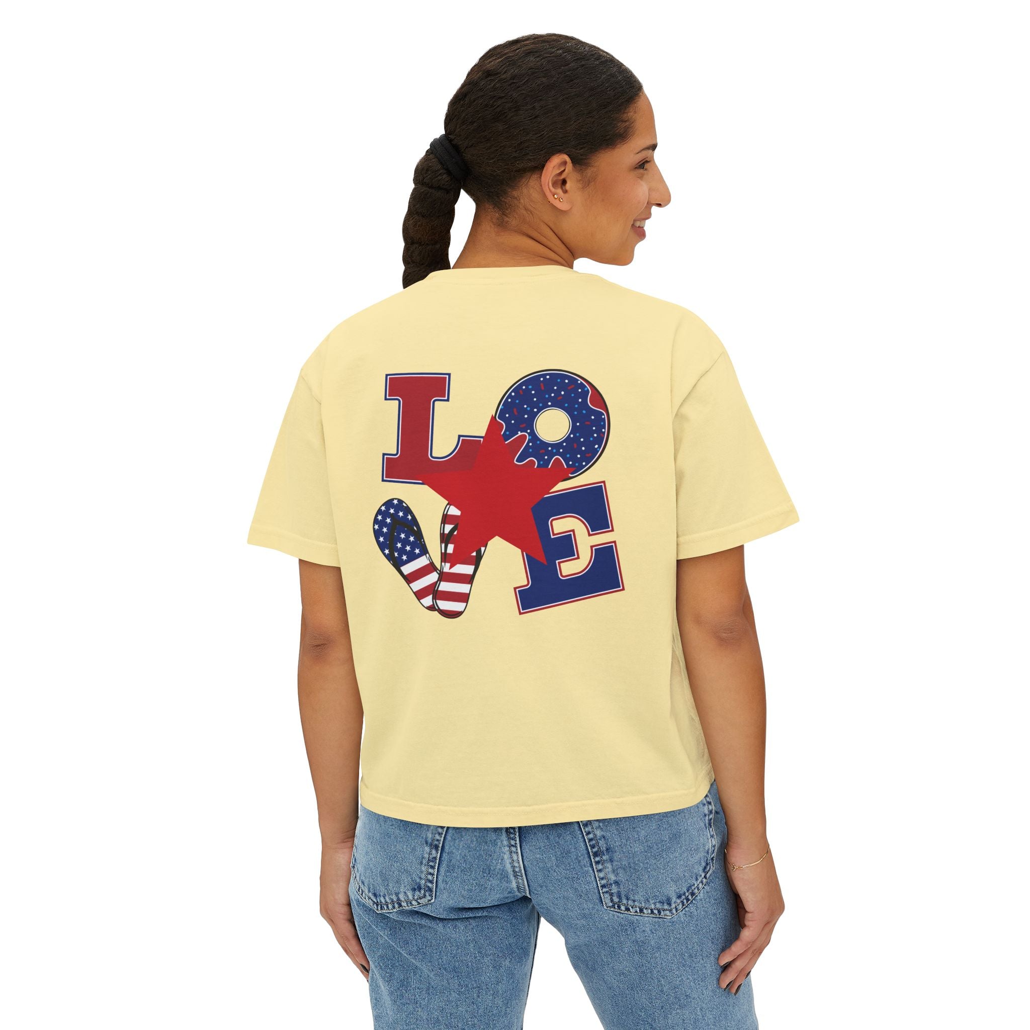 'Merica Peace Sign Boxy Tee — Patriotic 4th of July Women's Crop T-Shirt