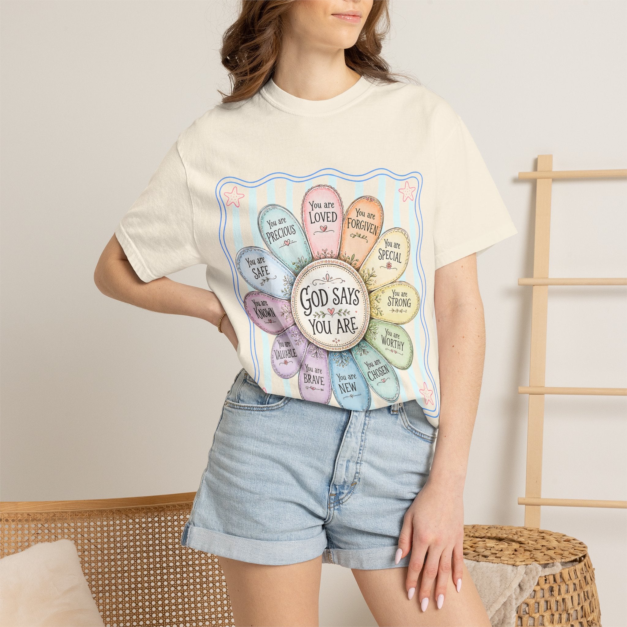 Faith Affirmation T-Shirt — "God Says You Are" Pastel Floral Design
