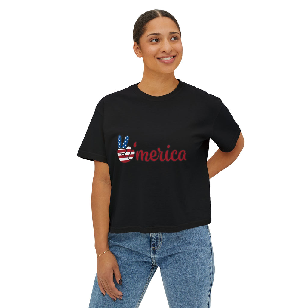 'Merica Peace Sign Boxy Tee — Patriotic 4th of July Women's Crop T-Shirt