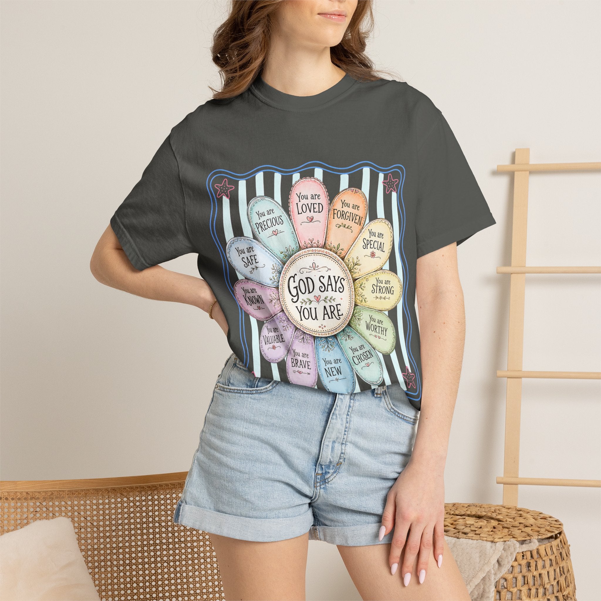 Faith Affirmation T-Shirt — "God Says You Are" Pastel Floral Design