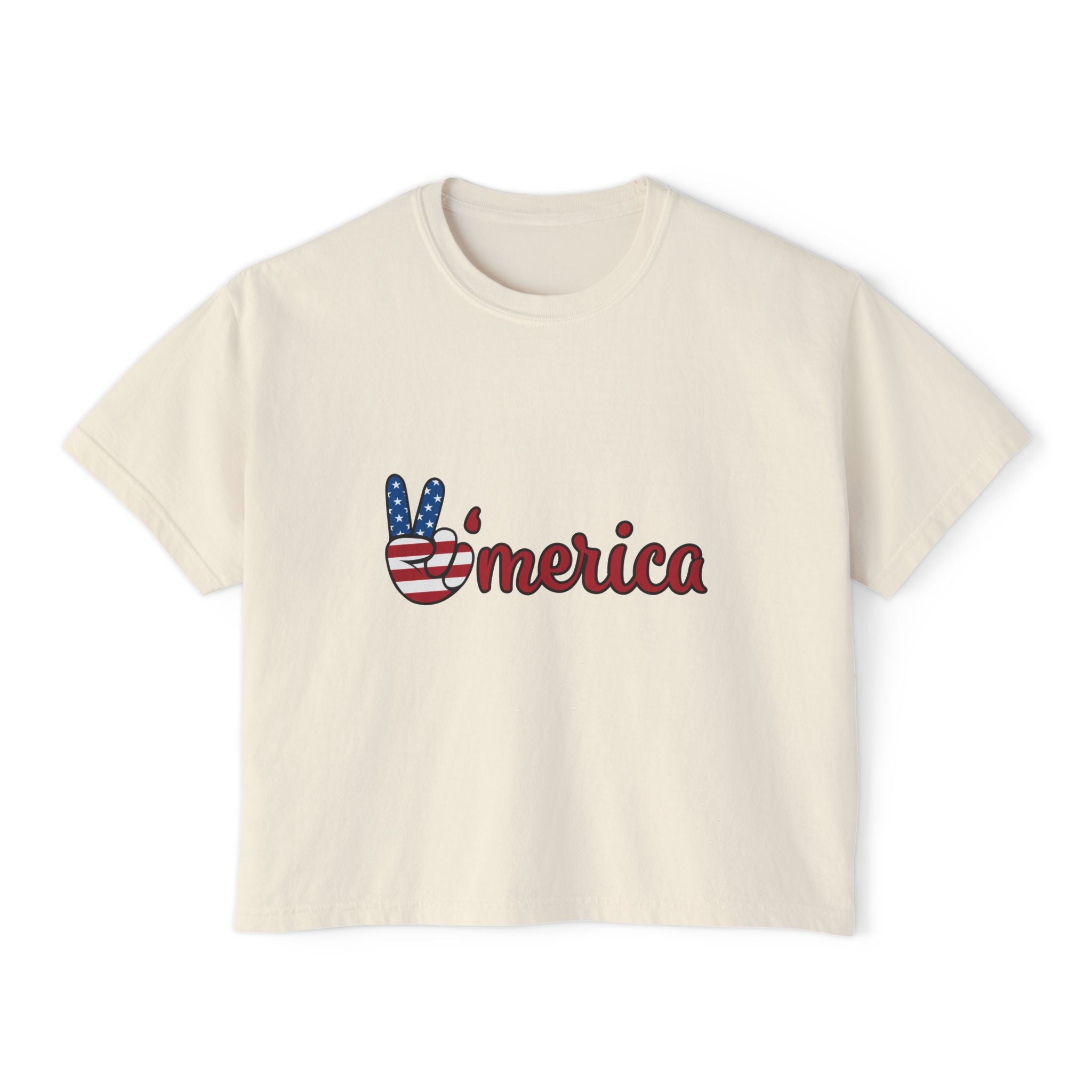 'Merica Peace Sign Boxy Tee — Patriotic 4th of July Women's Crop T-Shirt