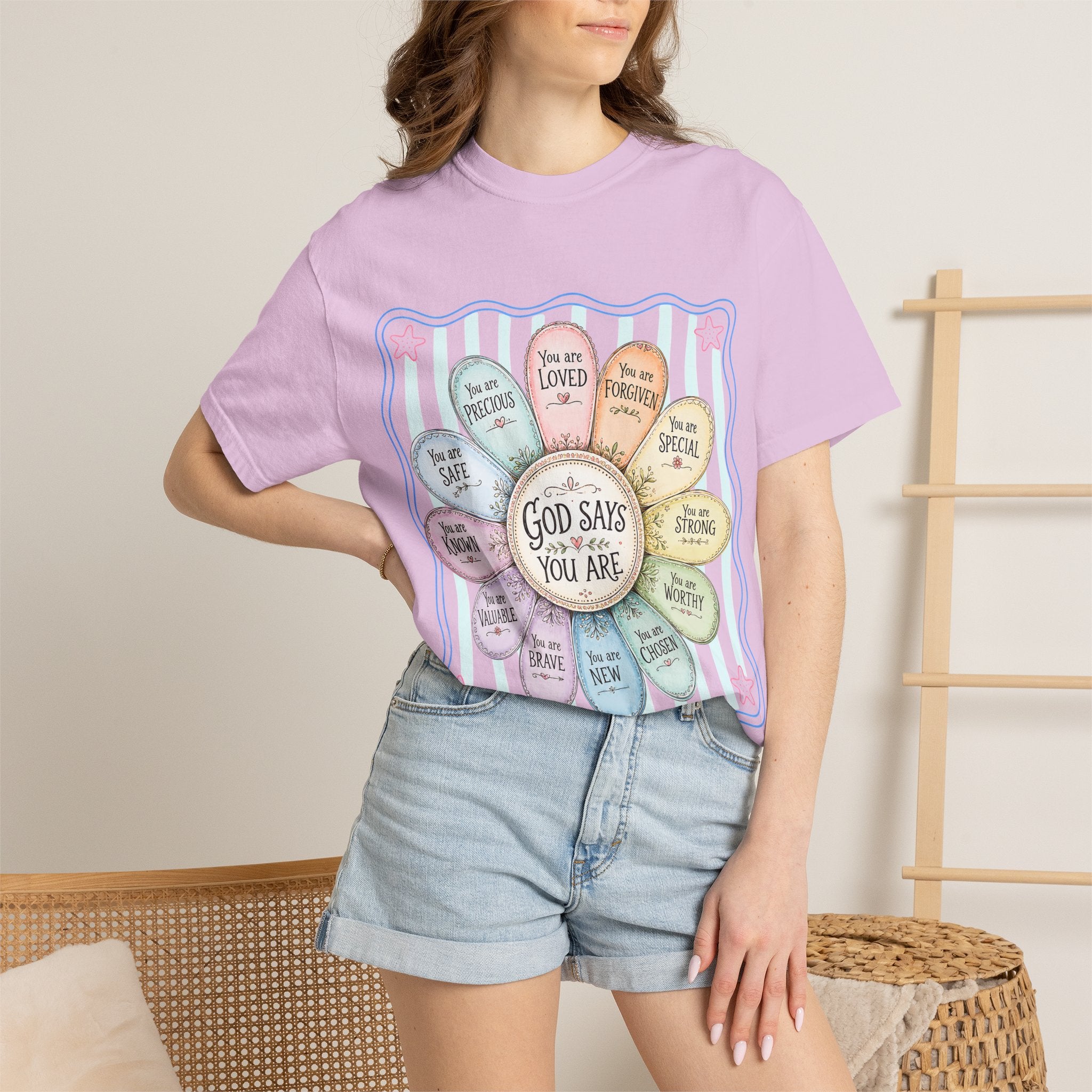 Faith Affirmation T-Shirt — "God Says You Are" Pastel Floral Design