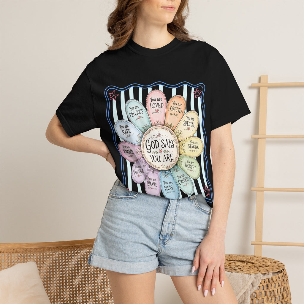 Faith Affirmation T-Shirt — "God Says You Are" Pastel Floral Design