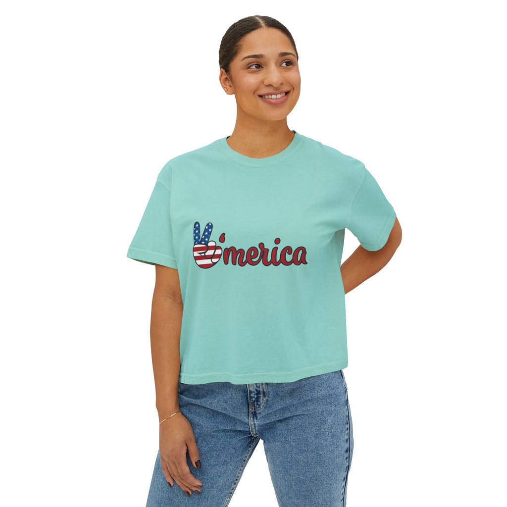'Merica Peace Sign Boxy Tee — Patriotic 4th of July Women's Crop T-Shirt