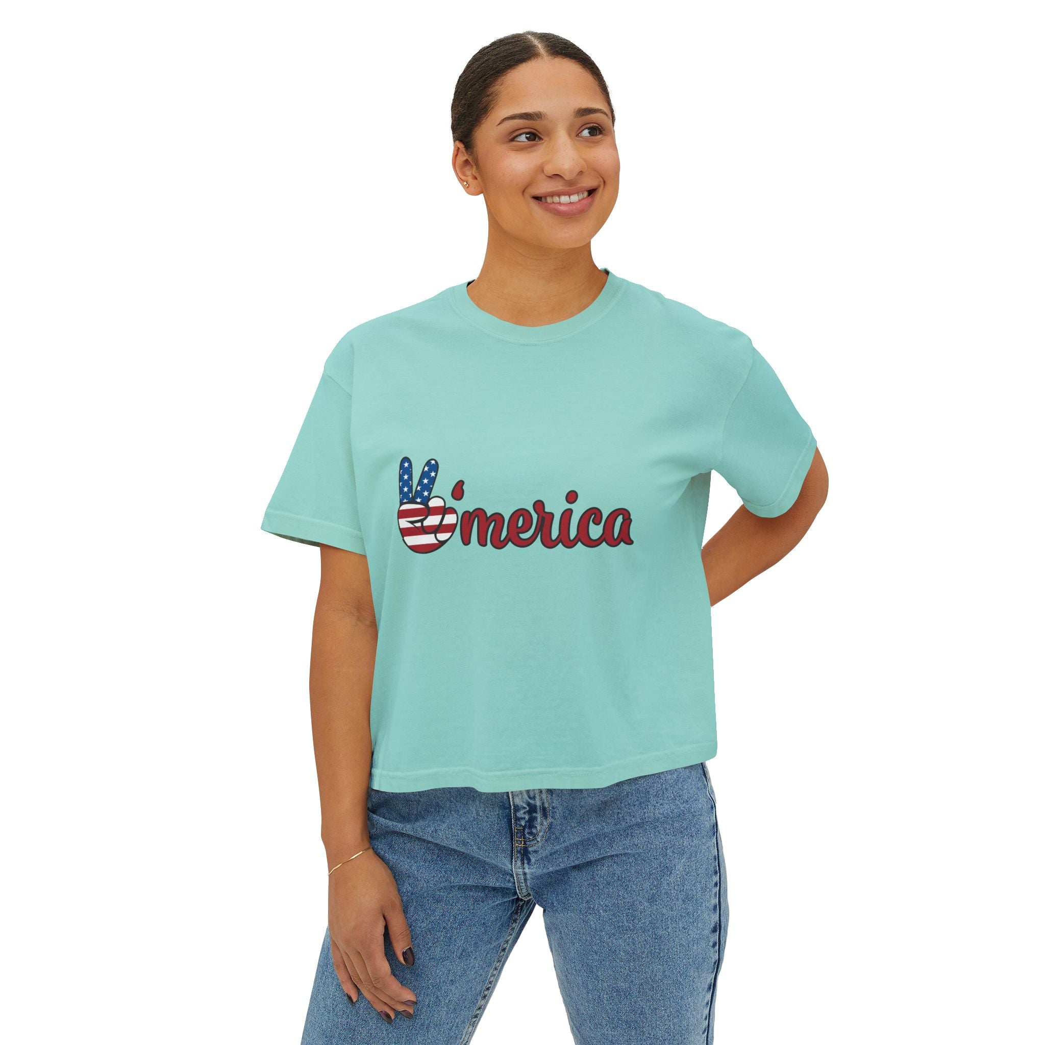 'Merica Peace Sign Boxy Tee — Patriotic 4th of July Women's Crop T-Shirt