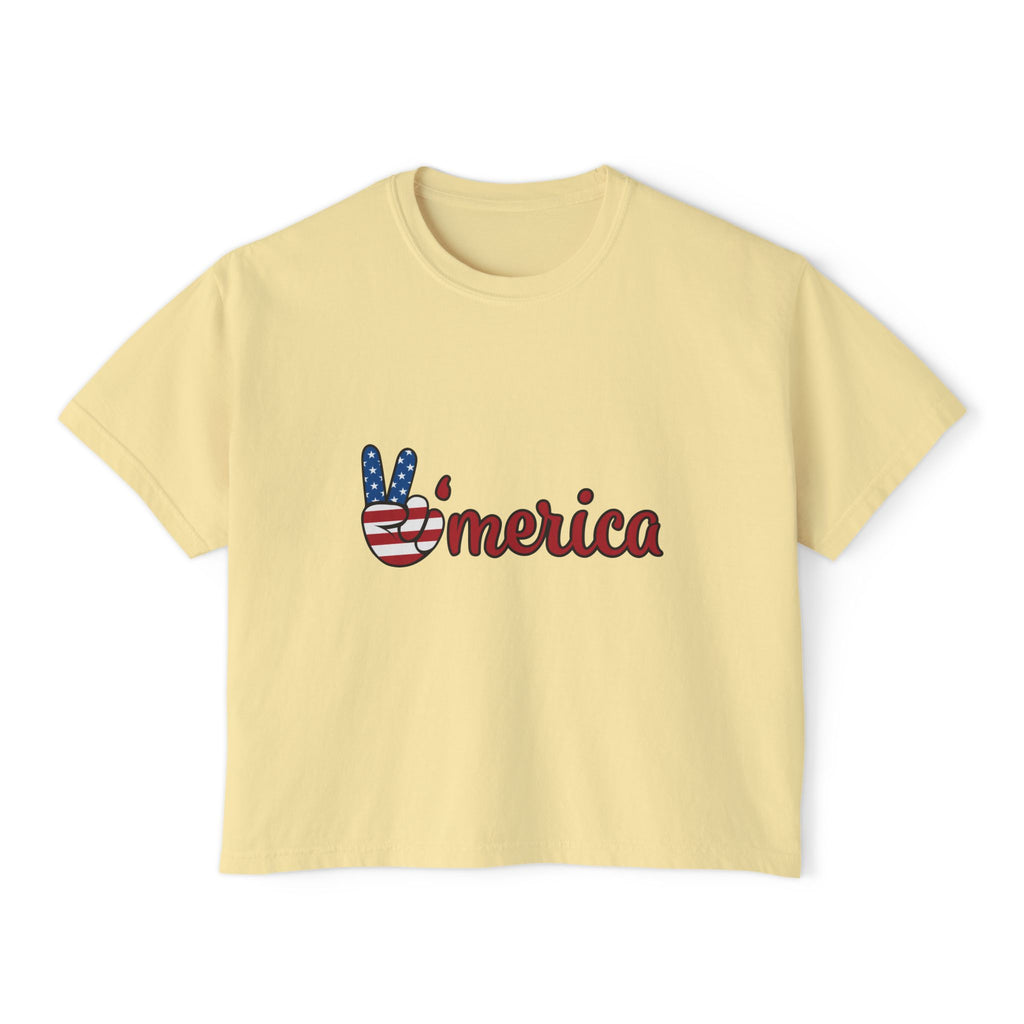 'Merica Peace Sign Boxy Tee — Patriotic 4th of July Women's Crop T-Shirt