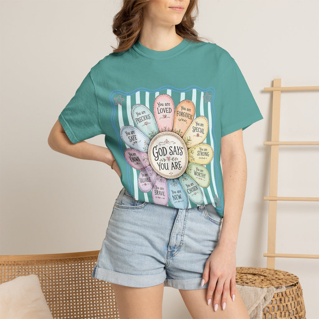 Faith Affirmation T-Shirt — "God Says You Are" Pastel Floral Design