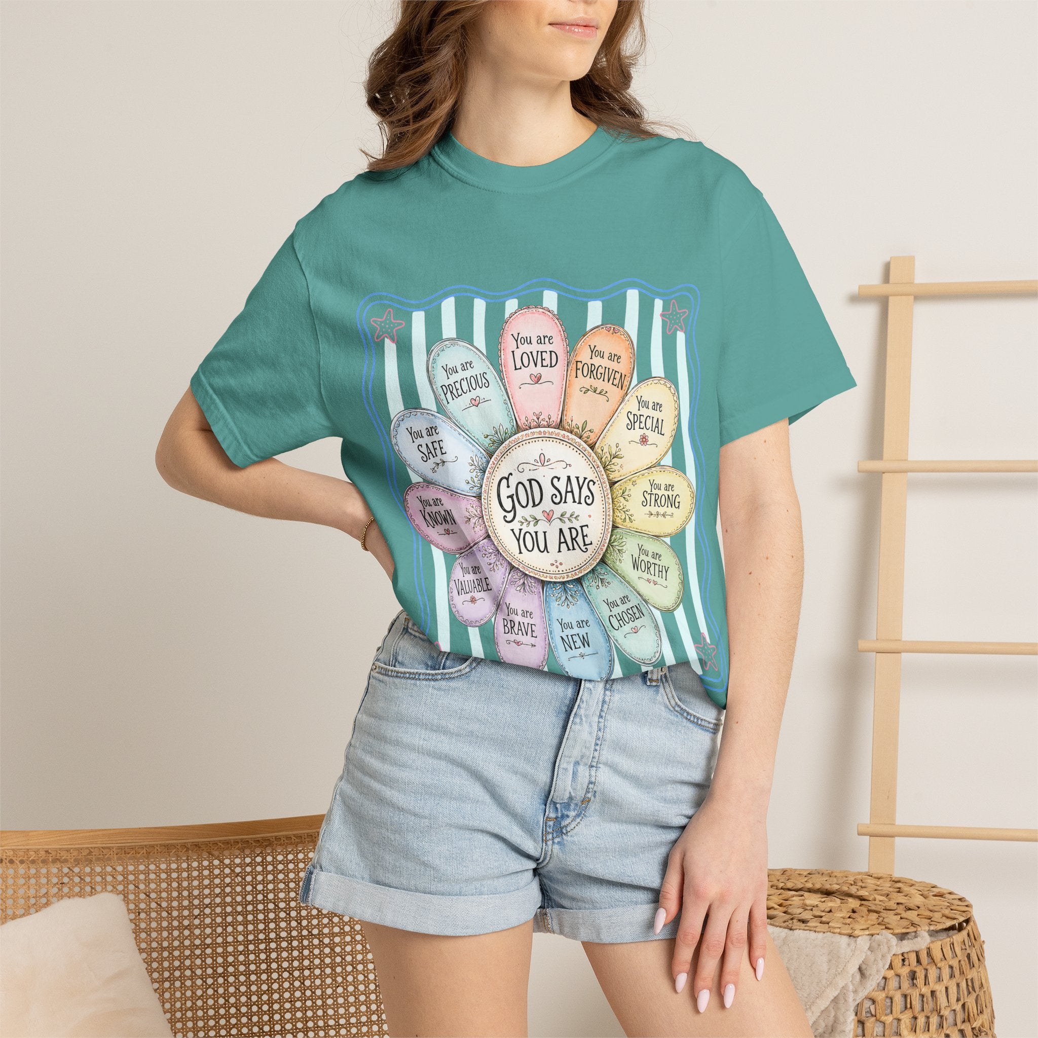 Faith Affirmation T-Shirt — "God Says You Are" Pastel Floral Design