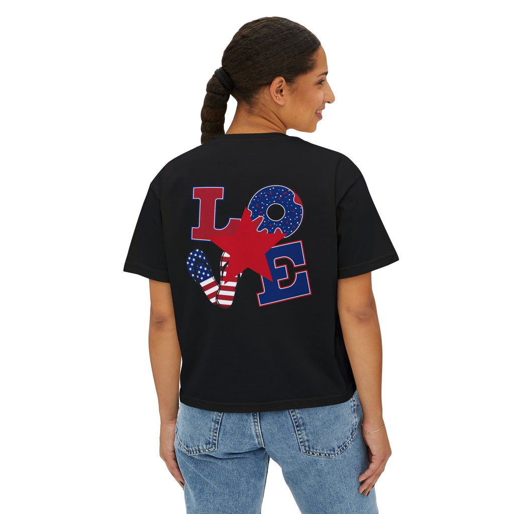 'Merica Peace Sign Boxy Tee — Patriotic 4th of July Women's Crop T-Shirt