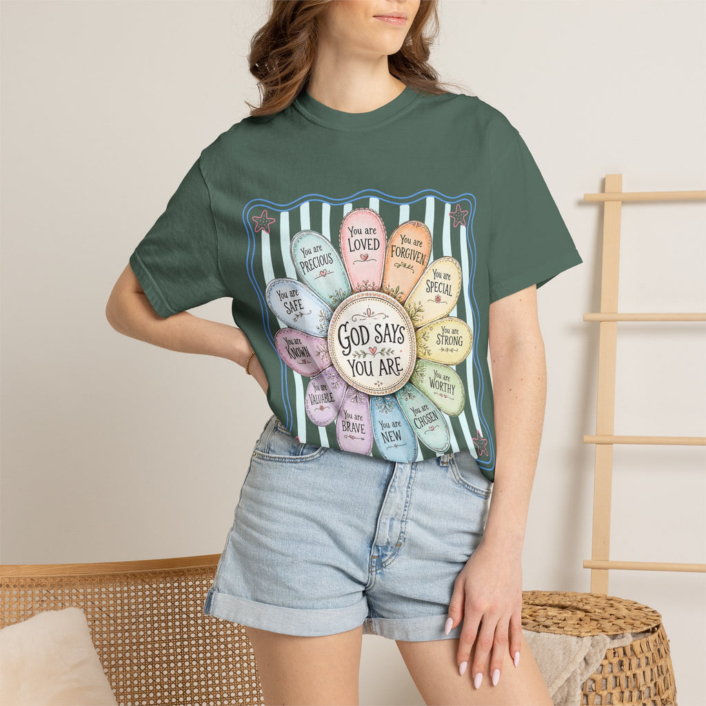 Faith Affirmation T-Shirt — "God Says You Are" Pastel Floral Design