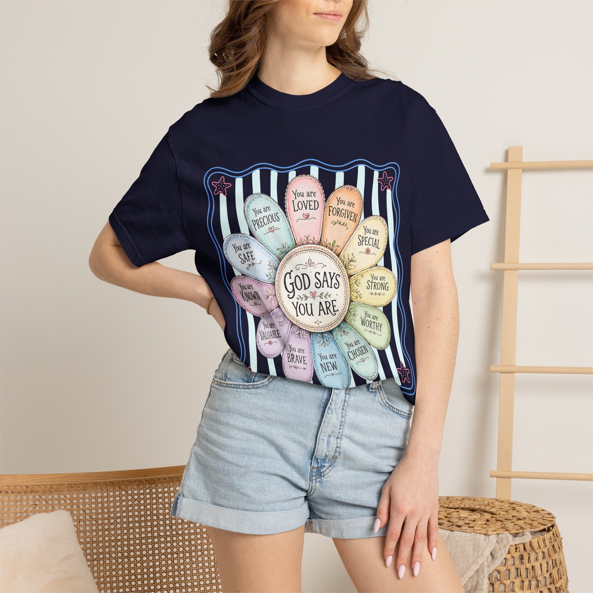 Faith Affirmation T-Shirt — "God Says You Are" Pastel Floral Design