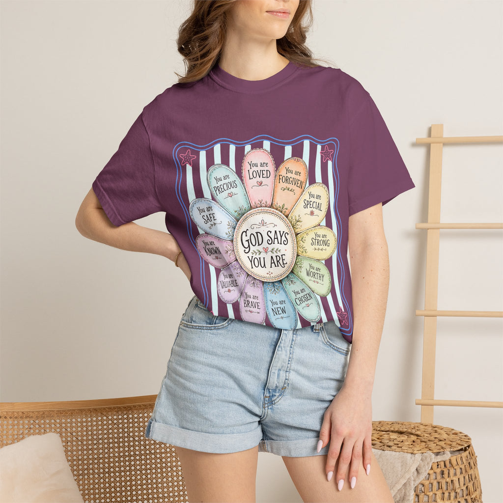 Faith Affirmation T-Shirt — "God Says You Are" Pastel Floral Design