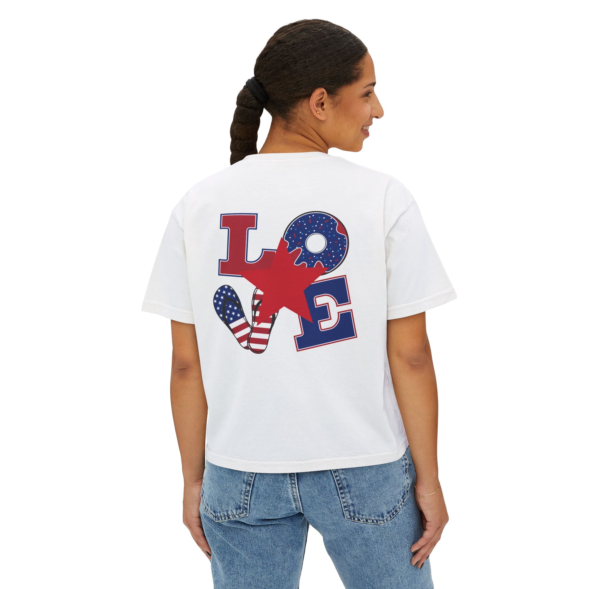 'Merica Peace Sign Boxy Tee — Patriotic 4th of July Women's Crop T-Shirt