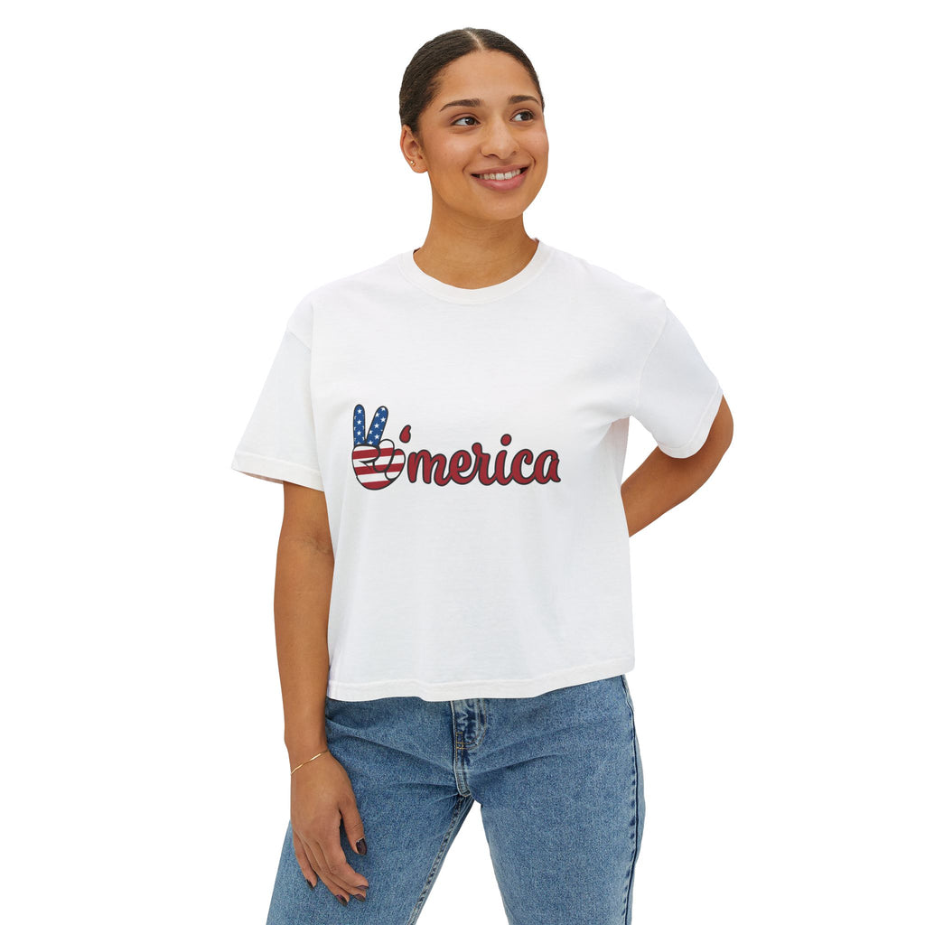 'Merica Peace Sign Boxy Tee — Patriotic 4th of July Women's Crop T-Shirt