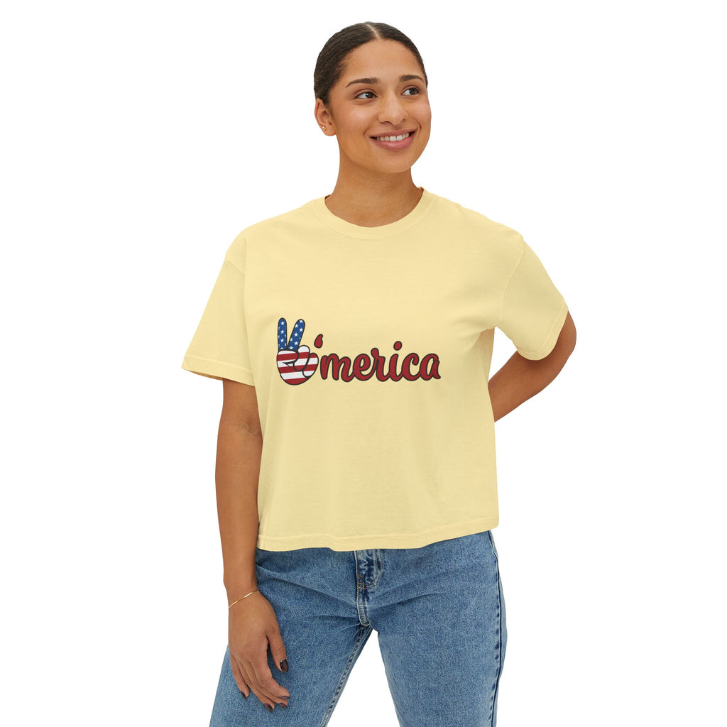 'Merica Peace Sign Boxy Tee — Patriotic 4th of July Women's Crop T-Shirt