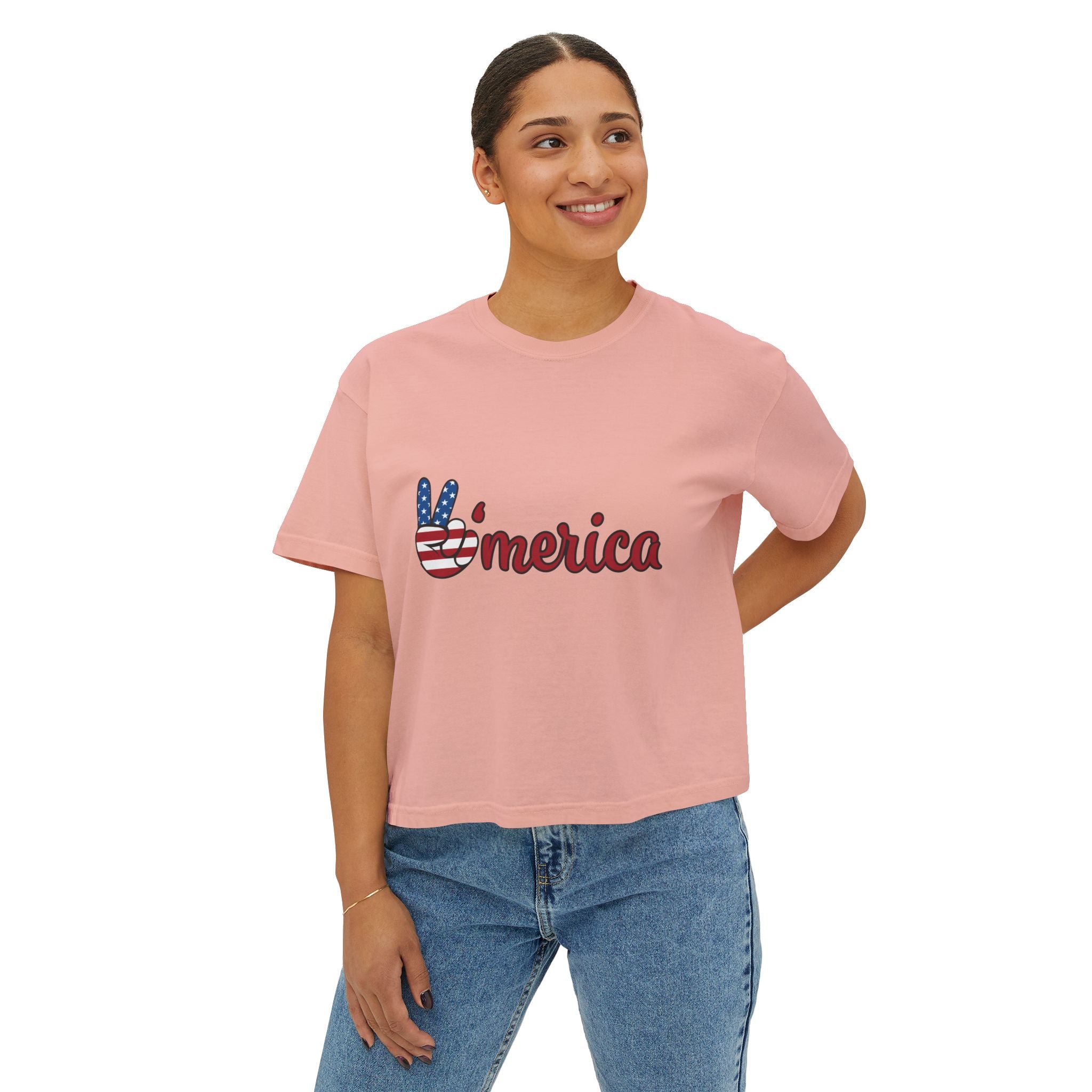 'Merica Peace Sign Boxy Tee — Patriotic 4th of July Women's Crop T-Shirt