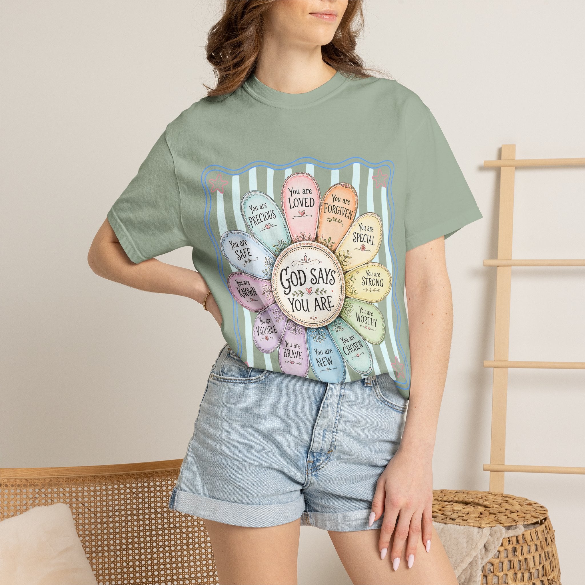 Faith Affirmation T-Shirt — "God Says You Are" Pastel Floral Design