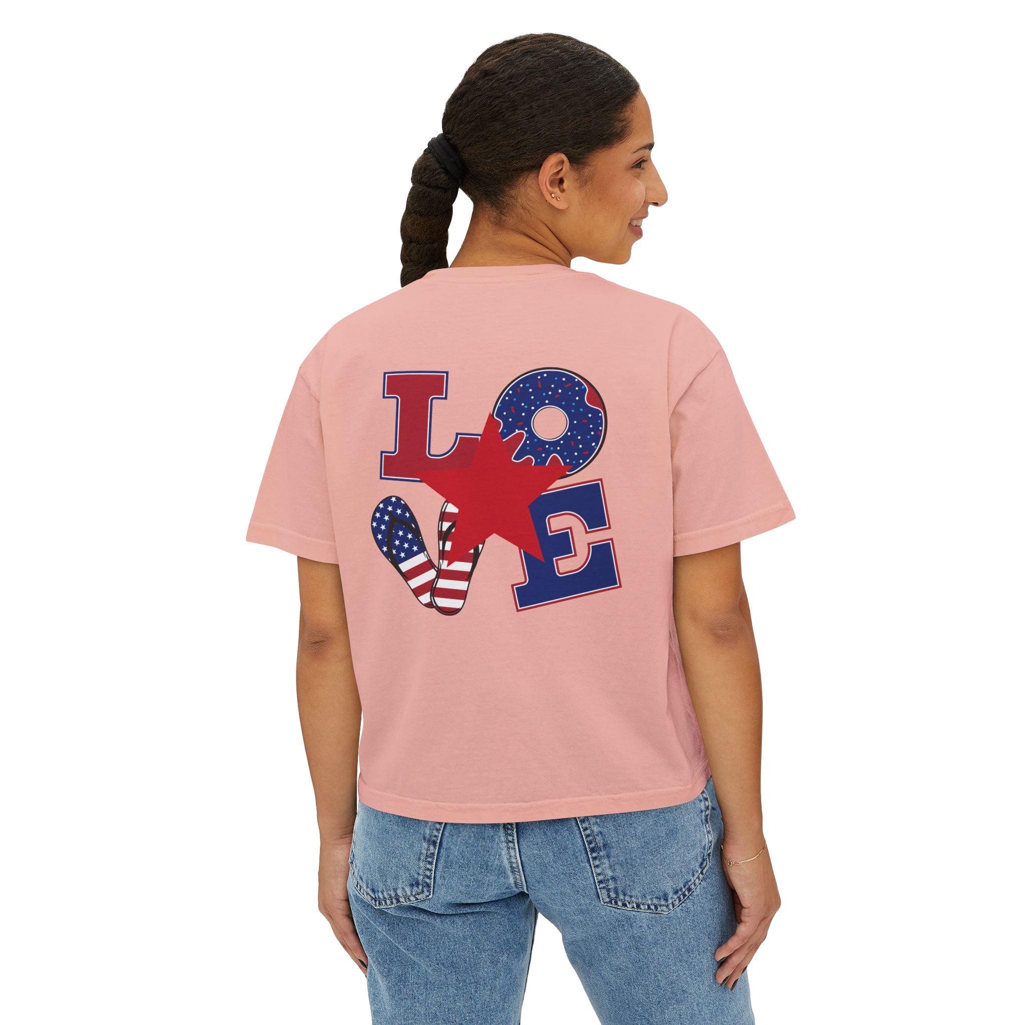 'Merica Peace Sign Boxy Tee — Patriotic 4th of July Women's Crop T-Shirt