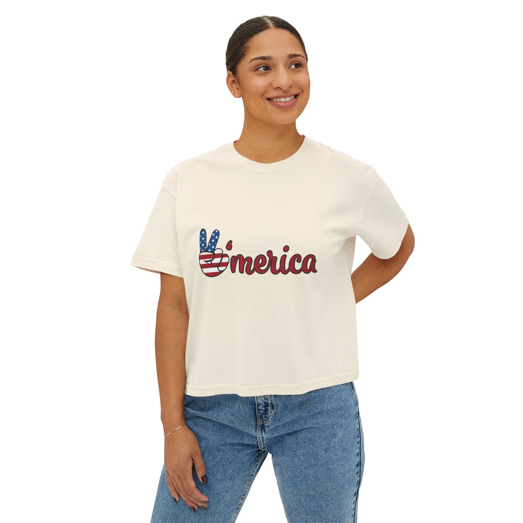 'Merica Peace Sign Boxy Tee — Patriotic 4th of July Women's Crop T-Shirt